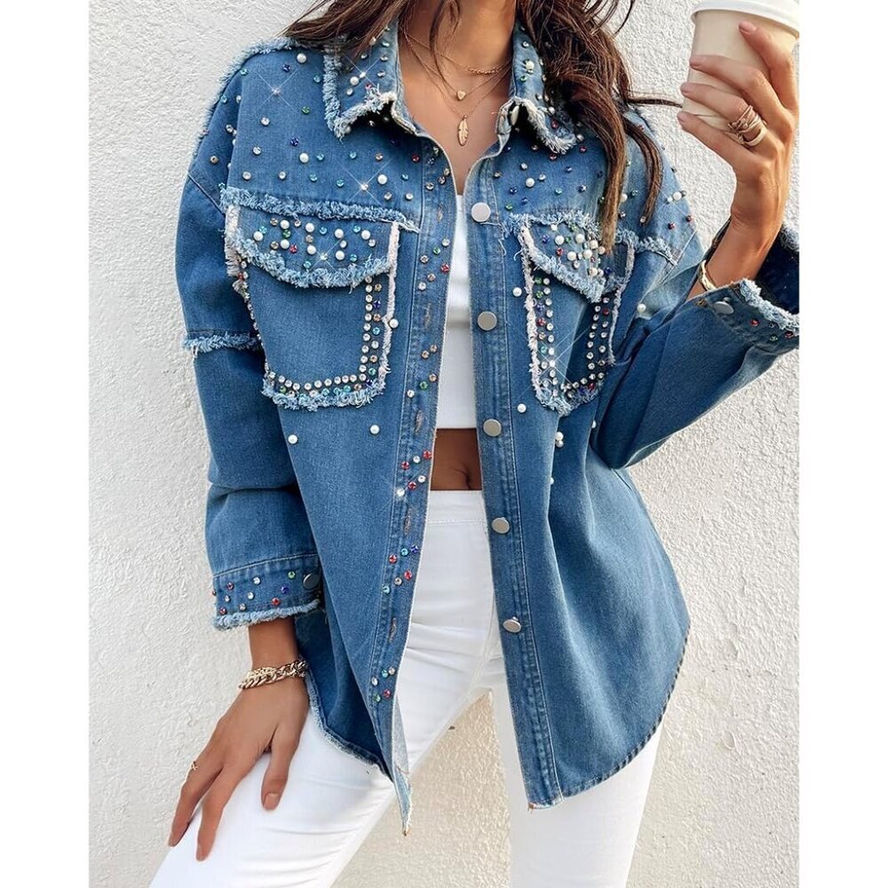 Women's Oversized Denim Jacket with Sequin Pockets Casual Outerwear - Picture 3 of 6